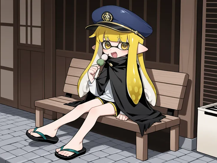 Splatoon、1 person、solo、solo、There is a shopping street in the back、stone brick ground、Dumpling shop、on a wooden bench、3色のDango、3色のDango、Dango、 Edo period、opens her mouth wide、smile、blue legend hat、 blue hat、blue legend hat、oversized white clothes、 black cl...