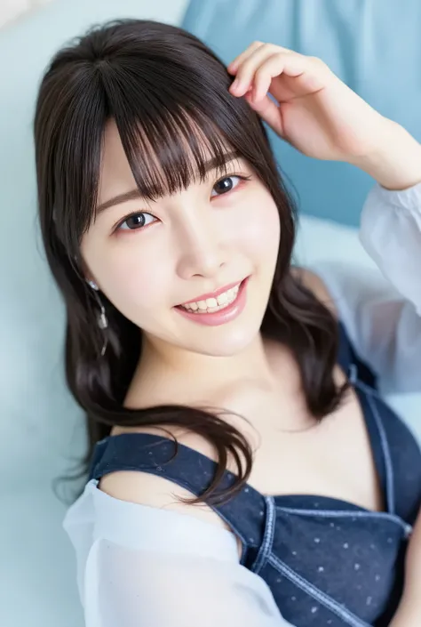 (photos, highest quality, 4K, High resolution, masterpiece, Genuine, Realistic, Realistic:1), ((upper body shot, from front, single image)), perfect figure, very pretty, Japanese high school student lie down, raise up leg, knee, 25 years old, background co...