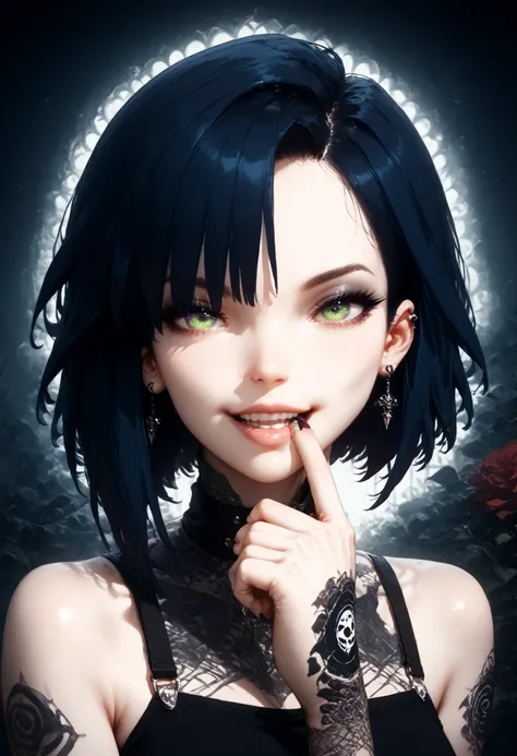  finger in own mouth,woman, goth, green eyes, short hair, undercut hair,sexy,good body,curvy,Shine,Posing in full growth,Black and red color of clothes,Body parts are visible,not naked,Attractive,evil smile,mystical atmosphere,Flirting with the audience,Br...