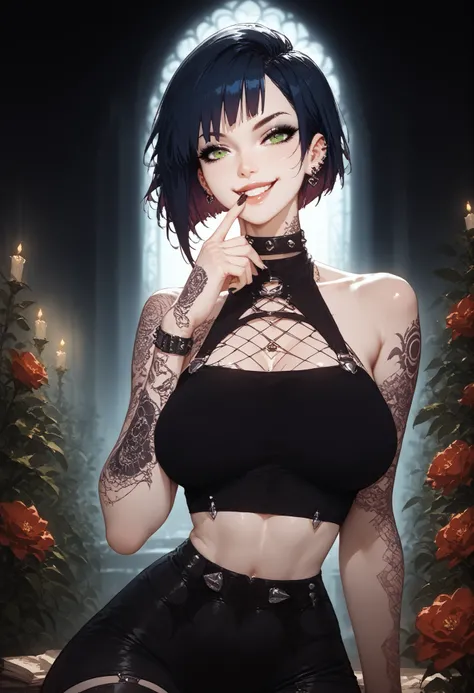 finger in own mouth,woman, goth, green eyes, short hair, undercut hair,sexy,good body,curvy,Shine,Posing in full growth,Black and red color of clothes,Body parts are visible,not naked,Attractive,evil smile,mystical atmosphere,Flirting with the audience,Bri...