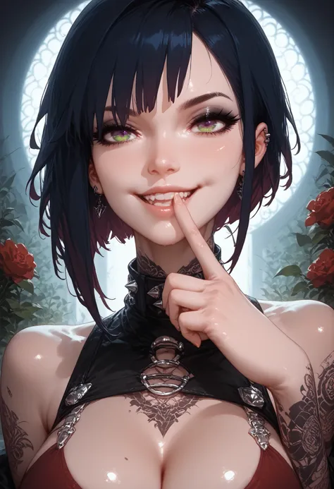 finger in own mouth,woman, goth, green eyes, short hair, undercut hair,sexy,good body,curvy,Shine,Posing in full growth,Black and red color of clothes,Body parts are visible,not naked,Attractive,evil smile,mystical atmosphere,Flirting with the audience,Bri...