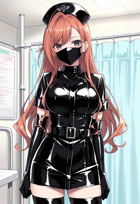 Score_9, score_8_up, score_7_up, source_anime, arisugawa natsuha, orange hair, long hair, swept bangs, black eyes, large breasts, enamel leather dark nurse, latex dress, black latex elbow gloves, black latex legwear, latex, latex skirt, (best quality), (hi...