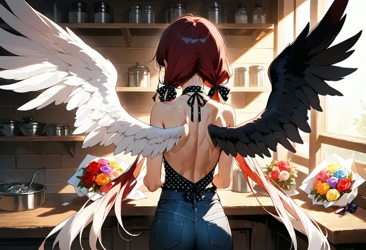 Masterpiece, best quality, intricate details, amazing quality, from behind, expressionless girl, facing completely away, back shot, solo, long hair in low twin tails, gray eyes, dark red hair, long swept bangs, angelic wings, upper body, small breasts, ton...