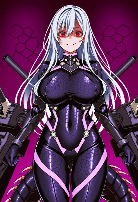 Arachne style girl. Yandere eye. Grinning. Condescending expression. Sci-fi style bodysuit. Purple and black costume. Honeycomb pattern bodysuit. Big breasts. Perky breasts. Weapon arms. Fusion with battleship. Turret. Centipede tail. Insect legs. Silver h...