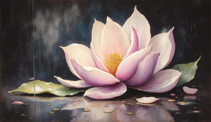 oil pastel, dark background, macro, wet floor, and a magnolia still wet in the rain, Drop a drop of water on the ground, chuva, A delicate image.: artgerm, oil painting, old scratched photo, ultra-detailed, dustin nguyen, wayne barlowe, vector art, pastel ...