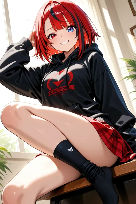 20th Generation、female、red hair, ((highlights hair, black streaked hair))、short bob、asymmetrical bangs、C cup、left eye red eye、Right eye blue eye、odd-eye、smile、Oversized Hoodie、red and black check skirt、low angle、zoom up、morning、socks、I'm putting my black s...