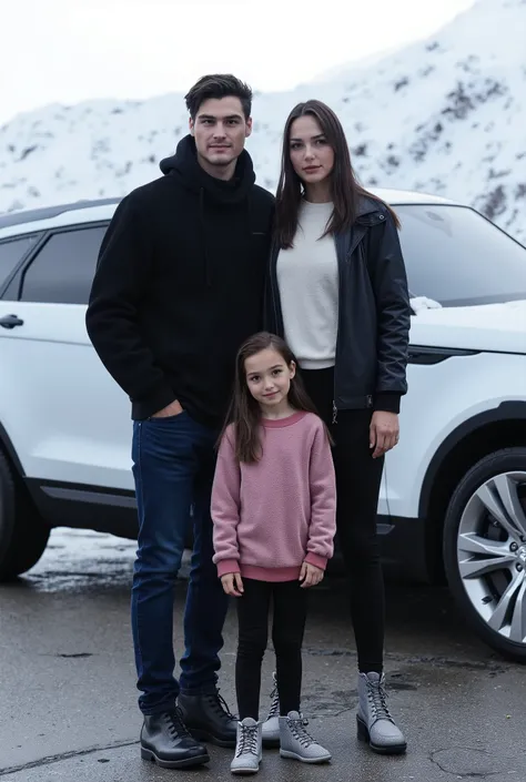 He created a 4k picture for me as if it were real people of a twentysomething young man wearing a black jacket with black hair and slightly wet hair with a beautiful forty but very beautiful woman with short black hair and wearing a soft white shirt, black...