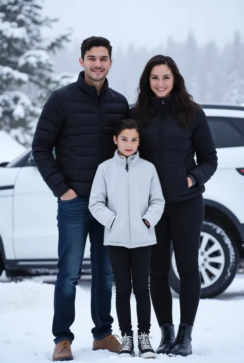 He created a 4k picture for me as if it were real people of a twentysomething young man wearing a black jacket with black hair and slightly wet hair with a beautiful forty but very beautiful woman with short black hair and wearing a soft white shirt, black...
