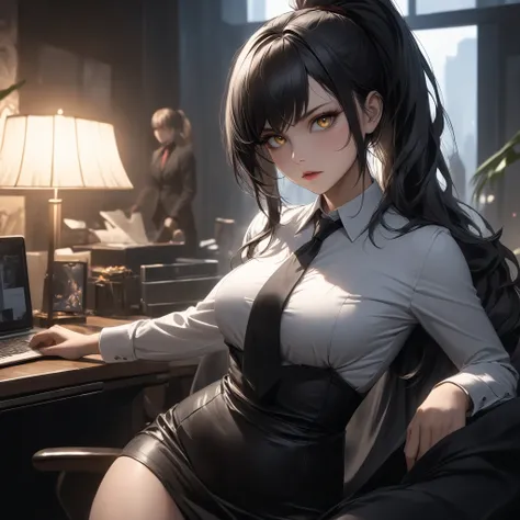 ((extreme quality)), ((Masterpiece)), ((Enrich the picture,Masterpiece level quality)), black hair, high ponytail, medium breasts, golden eyes, fierce woman, ultra eyes details, RAW 4K, Realistically , ((great effect to highlight the subject)) , ( cinemati...