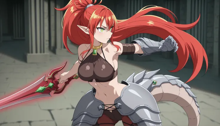 (masterpiece: 1.2), (best quality: 1.2), (very aesthetic: 1.2), (absurd: 1.2), (detailed background), latest, intricate details, perfect anatomy, ulmandra, ((one girl)), pointy ears, long hair, solo, holding sword, fighting, sense of speed, red hair, green...