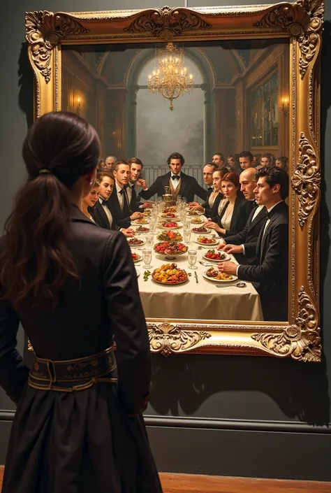### **Revised Book Cover Concept: "Love in Another Dimension"**  
**(Now Featuring an Opulent Victorian Family Banquet as the Painting)**  

---

### **Cover Composition:**  
#### **1. Foreground (Modern Era – Museum):**  
- The same **young woman** (long ...