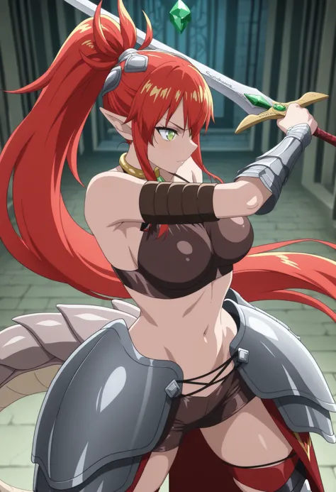 (masterpiece: 1.2), (best quality: 1.2), (very aesthetic: 1.2), (absurd: 1.2), (detailed background), latest, intricate details, perfect anatomy, ulmandra, ((one girl)), pointy ears, long hair, solo, holding sword, fighting, sense of speed, red hair, green...