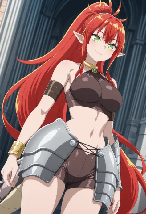 (masterpiece:1.2), (best quality:1.2), (very aesthetic:1.2), (absurdres:1.2), (detailed background), newest, intricate details, perfect anatomy, ulmandra, ((1girl)), pointy ears, long hair, solo, red hair, green eyes, dragon girl, navel, tail, ponytail, je...