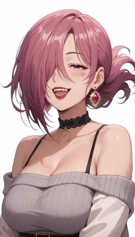 masterpiece,top quality,amazing quality,Kiki ((tenpuru)),1girl,choker,condom earrings,jewelry,pink hair,ponytail,hair covering one eye,closed eye,bare shoulders,white jacket,open mouth,fangs,white background,smile,lipstick,collarbone,one eye covered,dress,...