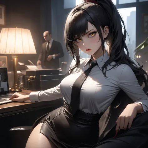 ((extreme quality)), ((Masterpiece)), ((Enrich the picture,Masterpiece level quality)), black hair, high ponytail, medium breasts, golden eyes, fierce woman, ultra eyes details, RAW 4K, Realistically , ((great effect to highlight the subject)) , ( cinemat...