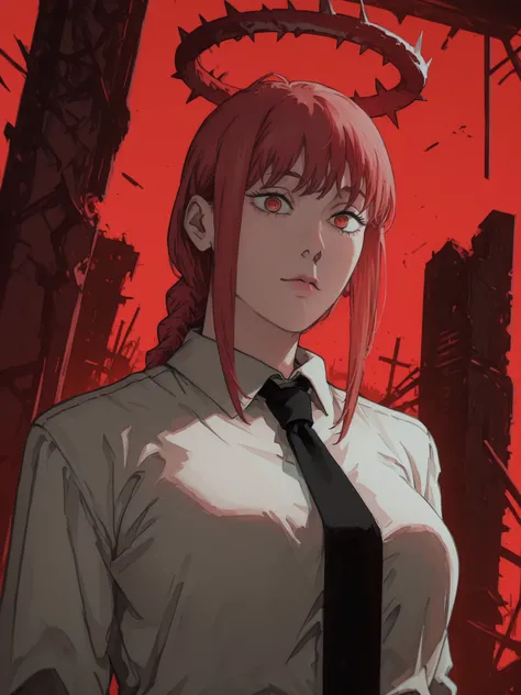 a woman with large breasts with red hair, a cross tie, and some lipstick, 1girl, solo, makima (chainsaw man), large breasts, braid, necktie, ringed eyes, red hair, shirt, looking at viewer, black necktie, braided ponytail, white background, red background,...
