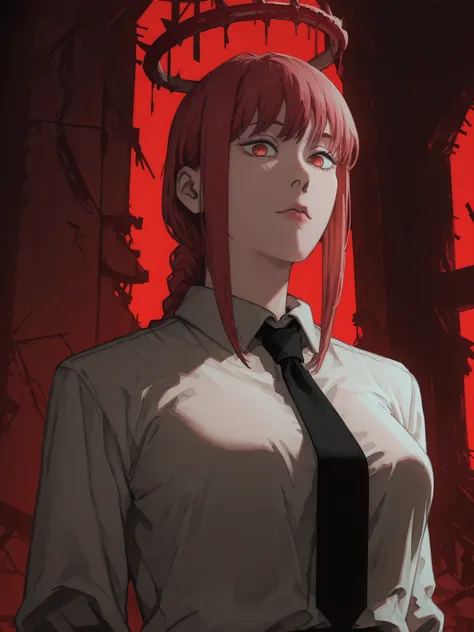 a woman with large breasts with red hair, a cross tie, and some lipstick, 1girl, solo, makima (chainsaw man), large breasts, braid, necktie, ringed eyes, red hair, shirt, looking at viewer, black necktie, braided ponytail, white background, red background,...