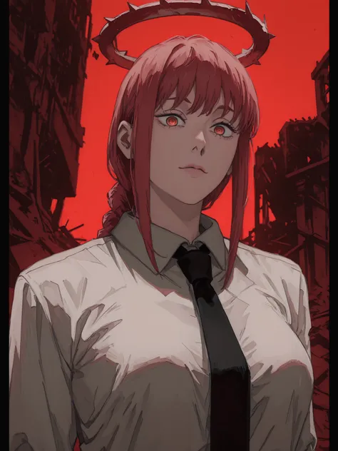 a woman with large breasts with red hair, a cross tie, and some lipstick, 1girl, solo, makima (chainsaw man), large breasts, braid, necktie, ringed eyes, red hair, shirt, looking at viewer, black necktie, braided ponytail, white background, red background,...