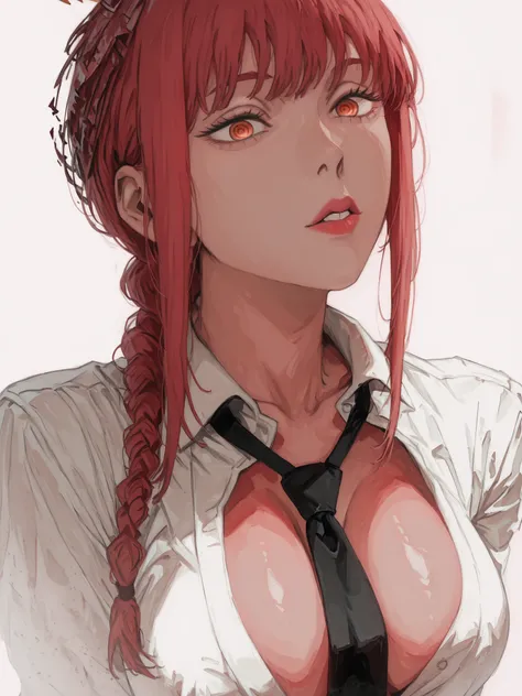 a woman with large breasts with red hair, a cross tie, and some lipstick, 1girl, solo, makima (chainsaw man), huge breasts, open shirt, cleavage, braid, necktie, gold ringed eyes, red hair, shirt, looking at viewer, black necktie, braided ponytail, white b...