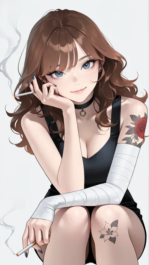 masterpiece, best quality,detailed eyes, amazing quality, newest, very aesthetic, 1girl,Image is a digital illustration featuring an anime-style character with a playful and mischievous expression. The character has long, wavy brown hair with bangs, and li...
