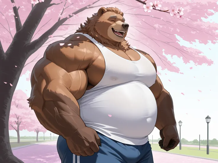 solo, old man, huge muscular, furry bear( grizzly bear, brown bear), fat, chubby, muscular man nude, park, shorts, tank top, standing, side view, looking cherry blossoms fall, huge tree in backgrond, in under Cherry Blossom tree, Cherry Blossom flower, (fo...
