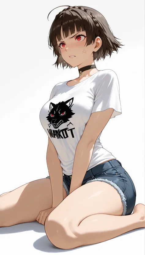 masterpiece,best quality,amazing quality,absurd,makoto niijima,red eyes,ahoge,striped hair,black hair,short hair,choker,anger veins,graphic t-shirt,denim shorts,black and white background,wariza