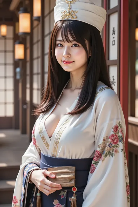 sakura, misaki, huge breast, Cleavage, a highly detailed, ultra-realistic digital illustration of a beautiful young Asian female mystic dressed in an elegant and traditional onmyoji-inspired outfit, crafted with rich detail and historical accuracy. She is ...