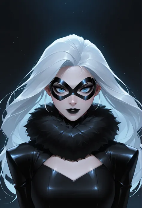 masterpiece, high quality, amazing detail,
1girl, solo, ss-JLee-illu,
blackcatdg, white hair, long hair, domino mask, fur collar, blue eyes,black lips,black eyeshadoe,upper body,dark background