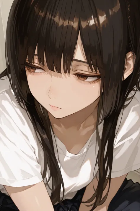 1 female, ((long black hair)), ((brown eyes)), ((downturned eyes)), 20's, Soft body, hush cut, white shirt, Loose fit, beautiful