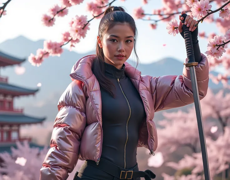 8k hyper-realistic full-body portrait, head-to-toe view: a slim female ninja, 'Freezing the Moment of Your Cherry Blossom Dream.' Full-bloom ((cherry blossoms cascade like snow)), stirred by a freshly cut branch at her feet. Sleek ponytail, soft ((freckles...