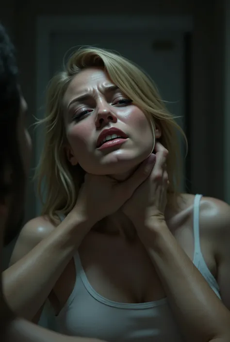 Close up of women getting strangled  , grabbing her neck, 