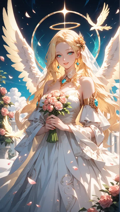 Divine angel, ethereal beauty, surrounded by blooming roses, petals glowing with sacred light, luminous golden aura, radiant and heavenly, soft sparkling ambiance, celestial presence, flowing white robes, delicate feathered wings, iridescent shimmer, roses...