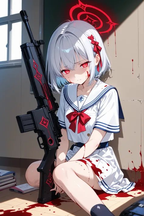 sad expression、short hair with silver hair、bungs、Bloody Uniform、white blouse with bloody blue sailor collar、red bow tie、bloody blue itting pose、Leaning against the wall、With a rifle、Bow your head、Close your eyes、with blood on her face and clothes、Classroom...