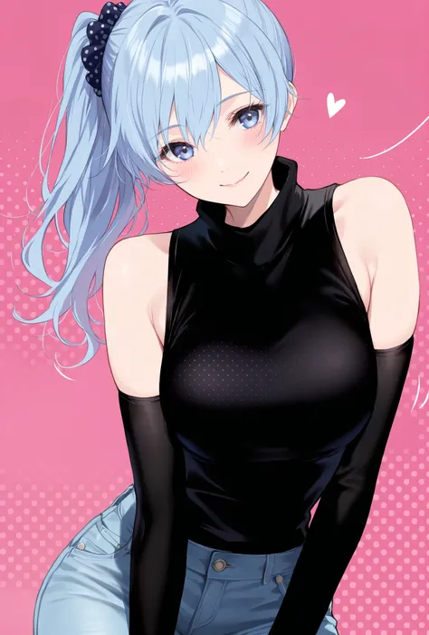 masterpiece, best quality, amazing quality, newest, very aesthetic, 1girl,Image is a digital illustration in a vibrant, anime-inspired style. The layout features a single character centered against a pink background with a subtle polka dot pattern. The sub...