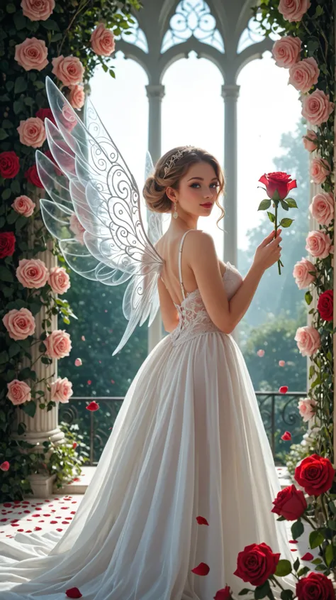 A heavenly angel gently holding a rose in a tranquil, mist-filled garden. Her radiant, translucent wings glow with divine light, and the petals of the roses around her are soft and dewy. The atmosphere is magical, with the scene bathed in soft, warm light....