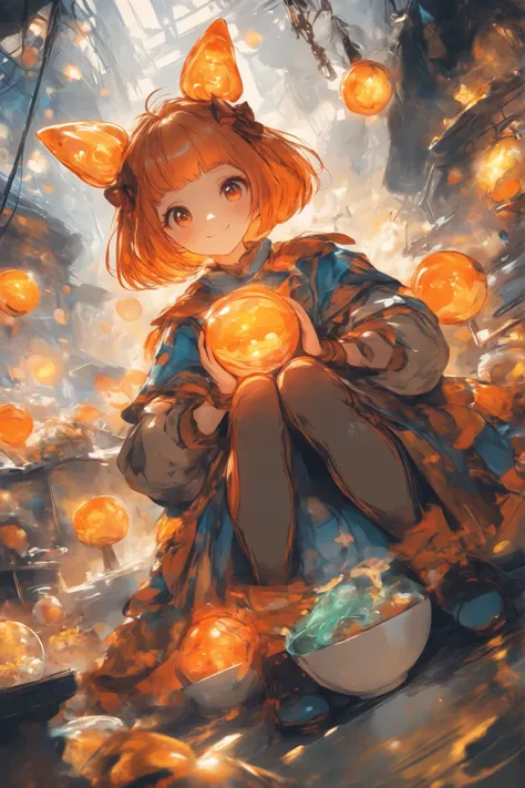 score_9, score_8_up, score_7_up,solo,sherryg,a girl\(very light orange bob hair,big warm orange eyes,gentle smile),cool stylish clothes\(white fluffy long one piece dress with cute orange patterns,light orange laser boots with red-brown bow\),she has huge ...