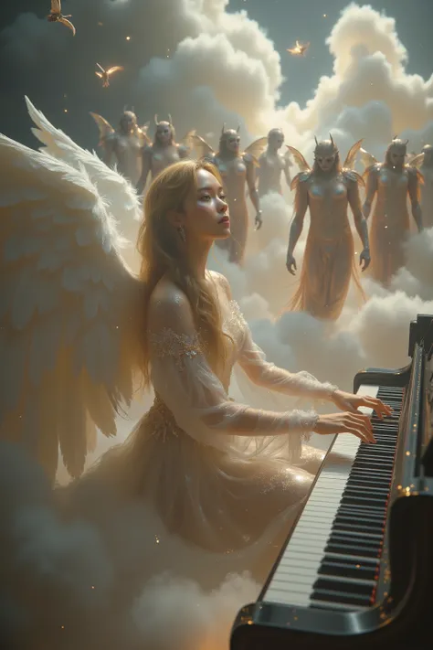 a dramatic, high-contrast cinematographic photograph of a real, ethereal asian female being , keys with porcelain skin and loose golden hair, sitting elegantly on a large piano adorned, with her slender fingers on the, surrounded by a gathering of , Two Le...