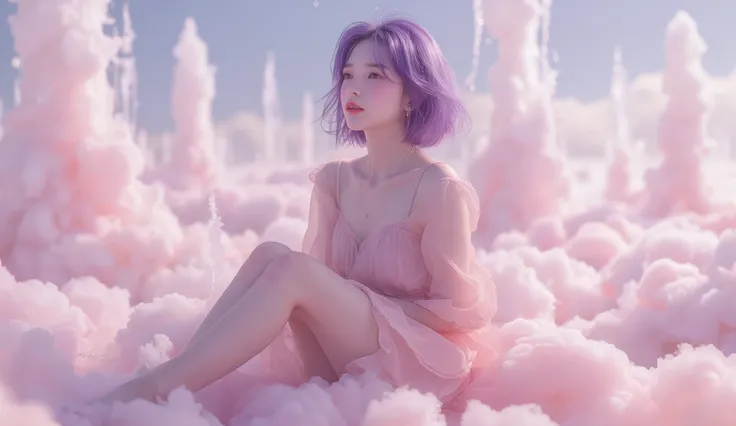 high quality female portrait、 have a pink background、purple haired woman in bob style、Wear a pink dress、I'm sitting on the clouds and reaching for the sky、sad expression in front of the fountain、Delicate Face、4K HIGH DEFINITION、realistic、positive emotion、S...