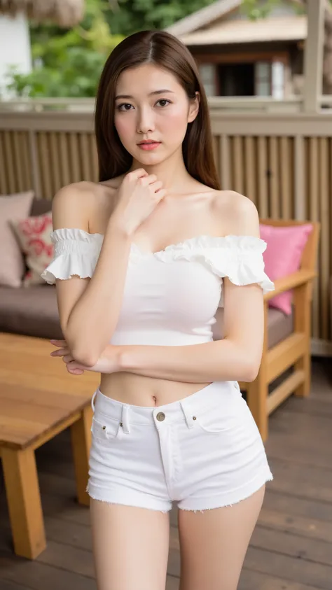A stunning Russian young woman with long, straight brown hair standing  on a cozy outdoor wooden deck with colorful cushions behind her. She wears a stylish white off-shoulder crop top with ruffled edges and high-waisted white denim shorts.(seductive:1.ens...