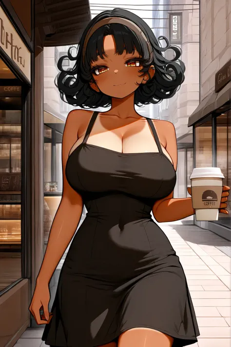 a beautiful vuluptuous woman with big breasts, thin waist, of tanned skin, honey-colored eyes,  short curly black hair, wearing a Sunday dress and with a headband, She is walking in the city, Are you enjoying a cup of coffee in an outdoor coffee shop