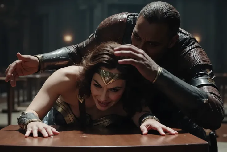Gal Gadot as Wonder woman, both hands on table, she is bend over ,a monster doing sexual intercourse from behind, she's crying, she's in pain shouting, fierce monster fucking harder and harder,