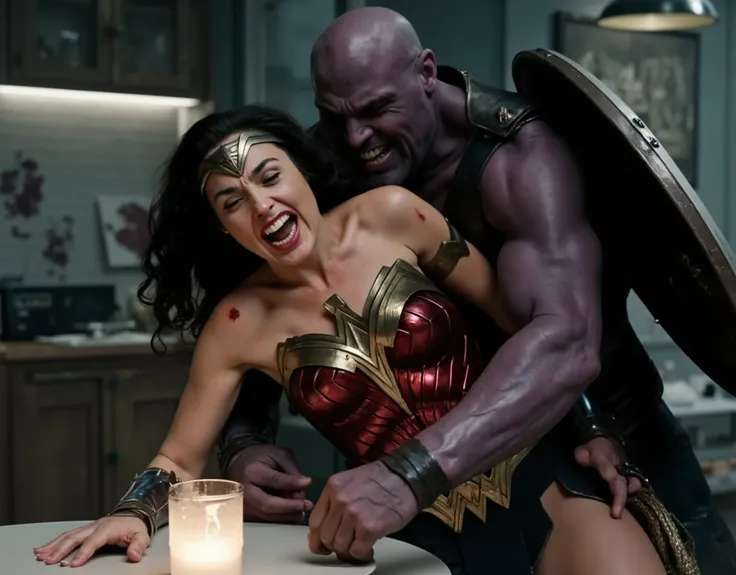 Gal Gadot as Wonder woman, both hands on table, she is bend over ,Thanos is doing sexual intercourse from behind, she's crying, she's in pain shouting, fierce Thanos fucking harder and harder