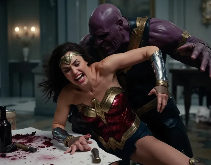 Gal Gadot as Wonder woman, both hands on table, she is bend over ,Thanos is doing sexual intercourse from behind, she's crying, she's in pain shouting, fierce Thanos fucking harder and harder