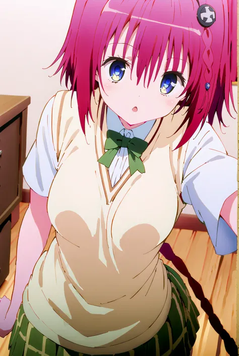  score_9, score_8_up, score_7_up, source_anime,Kurosaki's thing ,solo, stupid hair, blue eyes, long braid, Hair Intake, hair ornament, red hair,,cover,Medium breast, break green skirt that crosses, thigh plaid, thigh plaid skirt that crosses, sainan high u...