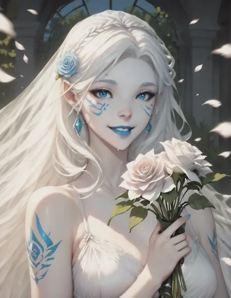 Shattered blooms + soft-focus glow, Jarael, alabaster white skin, blue tattoos, facial mark, blue lips, wearing long loose flowing robes, sheer robes, holding a bouquet of roses, rose petals falling, happy, very detailed, masterpiece, absurdres, very detai...