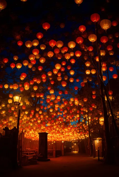 The colorful lanterns that fill the night sky are shining brightly.. The lanterns are red, Orange, Yellow, blue, and emit soft light. The lanterns hanging from the sky and swaying slightly in the wind create a dreamy and peaceful atmosphere. You may see fa...