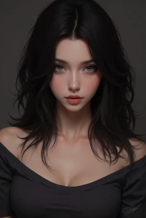 (best quality,4k,8k,highres,masterpiece:1.2),ultra-detailed,(realistic,photorealistic,photo-realistic:1.37),portraits,black hair,sexy woman, seductive eyes,intense gaze, parted mouth,deep blush,flustered,beautiful face,amazing makeup,off shoulder t shirt