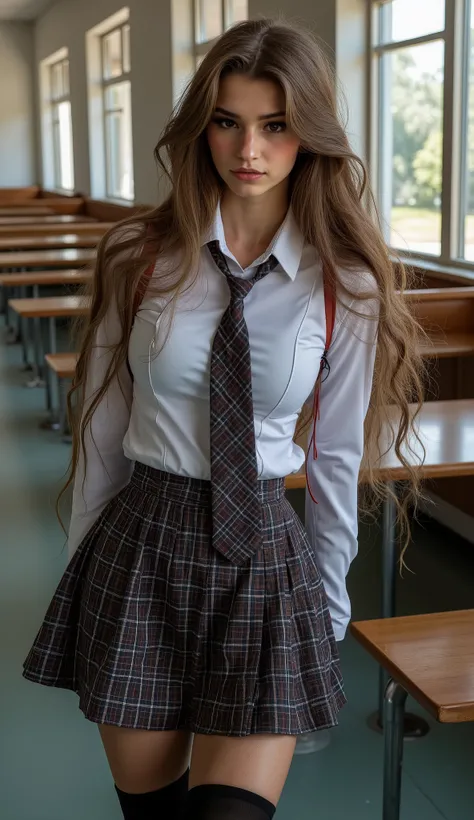 Ultra-realism,  photorealistic ,  cinematic full body photo , beautiful sexy,   schoolgirl, school canteen,  fell, wavy,  shiny hair , clear,  glowing eyes , beautiful floor, white shirt  , neck tie,  blue and brown checkered mini skirt ,  black thigh-high...