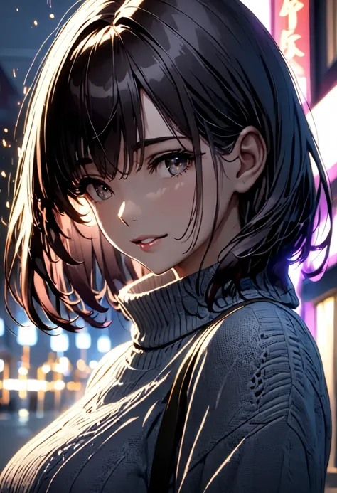 Beautiful Dark-Haired Beauty Illuminated By Streetlight((Cinematic･Lighting effects :1.6))