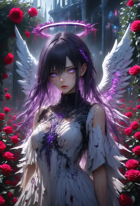 super realism、HYPERREALISTIC 1 GIRL. Cyberpunk sharp purple eyes , multicolored eyes , hair between eyes , long side bangs , black hair with fine purple strands, an angel, halo bleeding, white torn angel dress, weeping blood, standing in a royal garden ful...